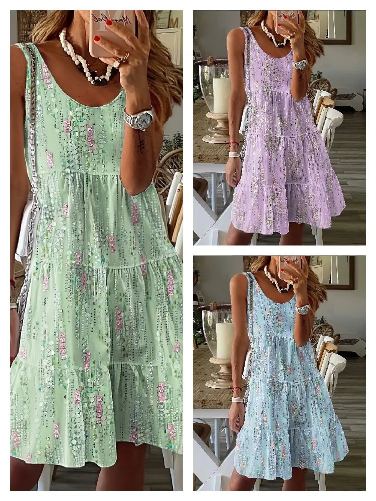 Spring and summer new casual fashion floral print loose round neck sleeveless mid-length dress