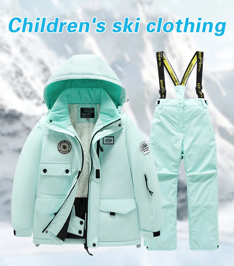 Winter children's skiing suit for boys and girls, windproof and waterproof thick coat for warmth and snow playing equipment