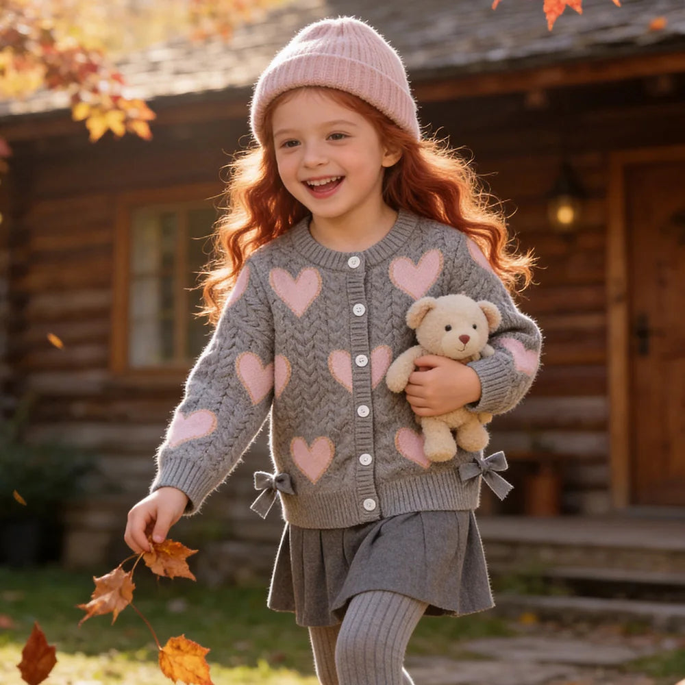 VIKITA Toddlers Girls Pink Heart Print Knitted Cardigan Kids Gray Sweater Coat Girls Soft Button Casual Warm Knitwear Tops