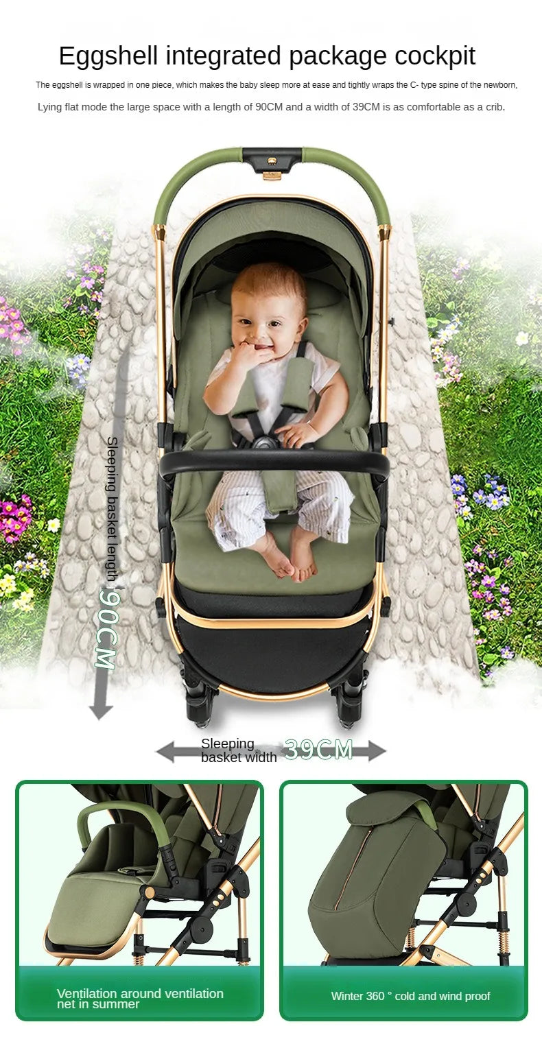 High View Two-way Stroller Eggshell Sleeping Basket Can Sit or Lie Down Lightweight Four Wheel Stroller Luxury Trolley Pushchai