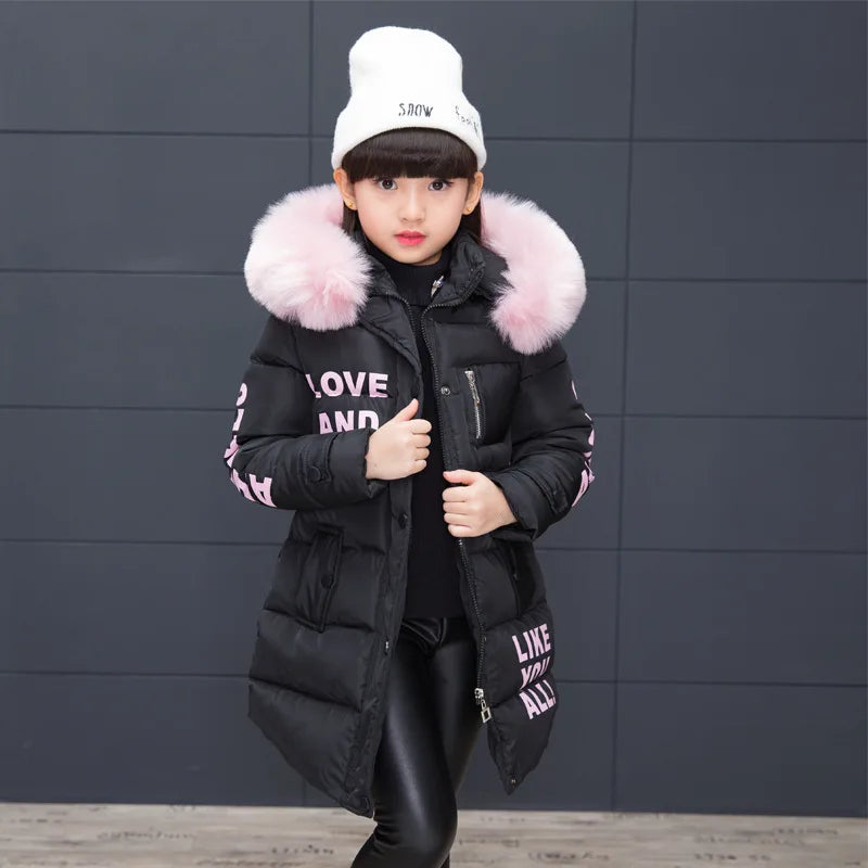 Winter Warm Jackets for Girls Fashion Fur Hooded Children Girls Waterproof Outwear Kids Cotton Lined Parkas