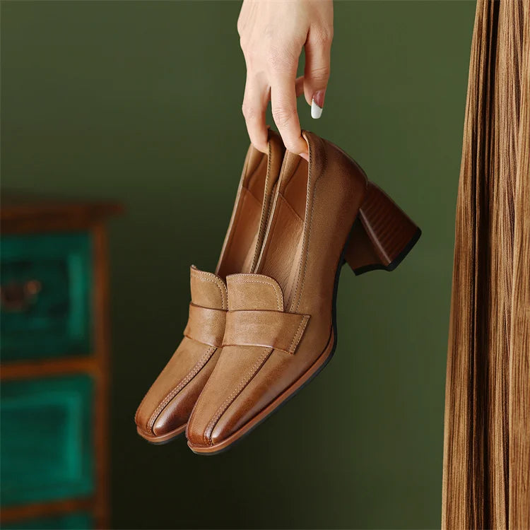2024 Spring New GENUINE LEATHER Women Shoes LEISURE Women Slip-On Shallow Pumps Square Toe Heels Shoes Women Zapatos De Mujer