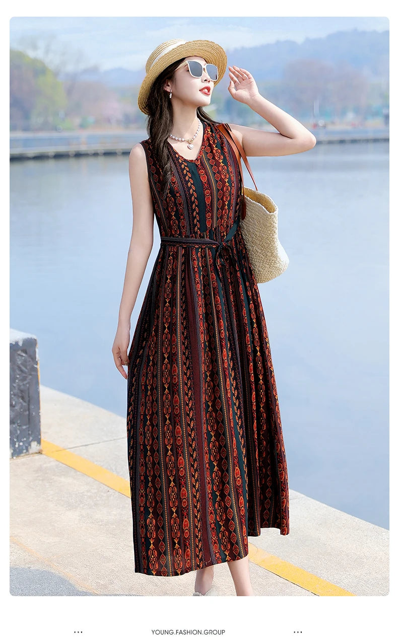 Spring Summer Dresses Fashion Female Sleeveless printed Casual Dress Women A-line Dresses Vestidos