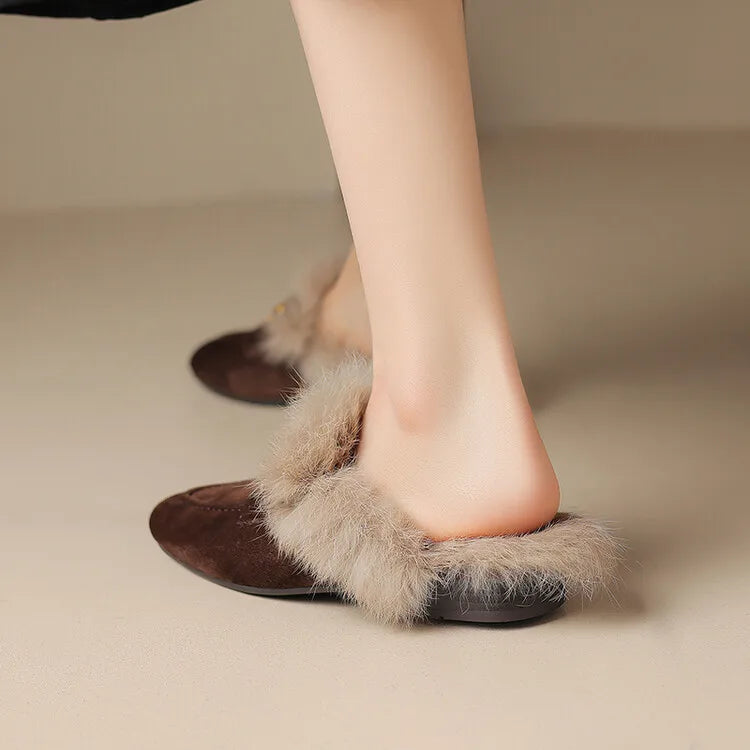2023 Winter Sheep Suede Women Shoes Rabbit Hair Mules Shoes for Women Round Toe Low Heel Slippers Chunky Heel Cover Toe Slippers