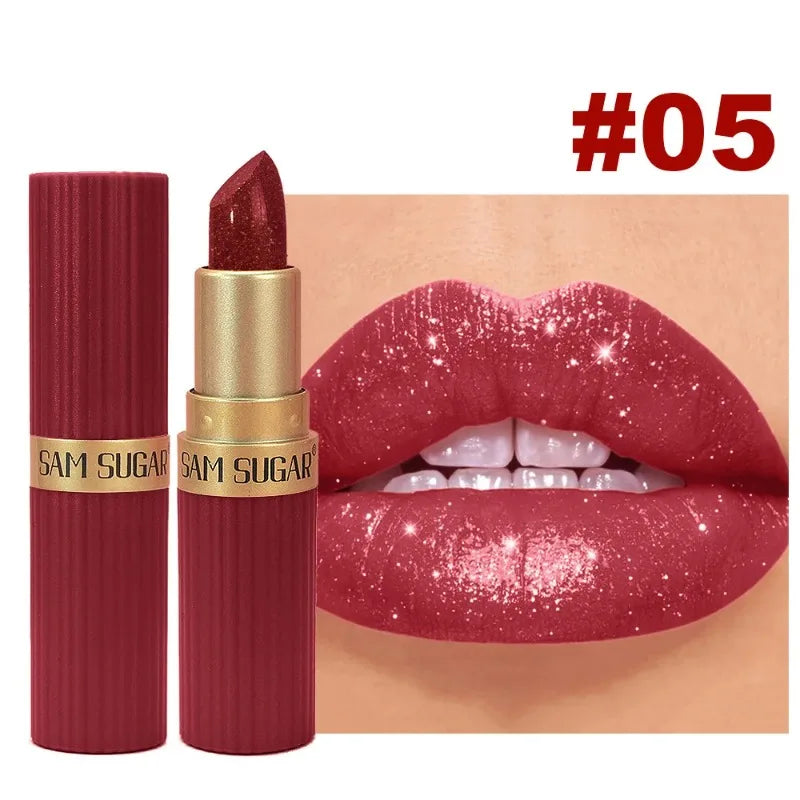 Pearlescent Pink Glitter Lipstick Metallic Waterproof Long Lasting Nude Matte Velvet Lip Stick Shimmer Diamond Women Sexy Makeup
