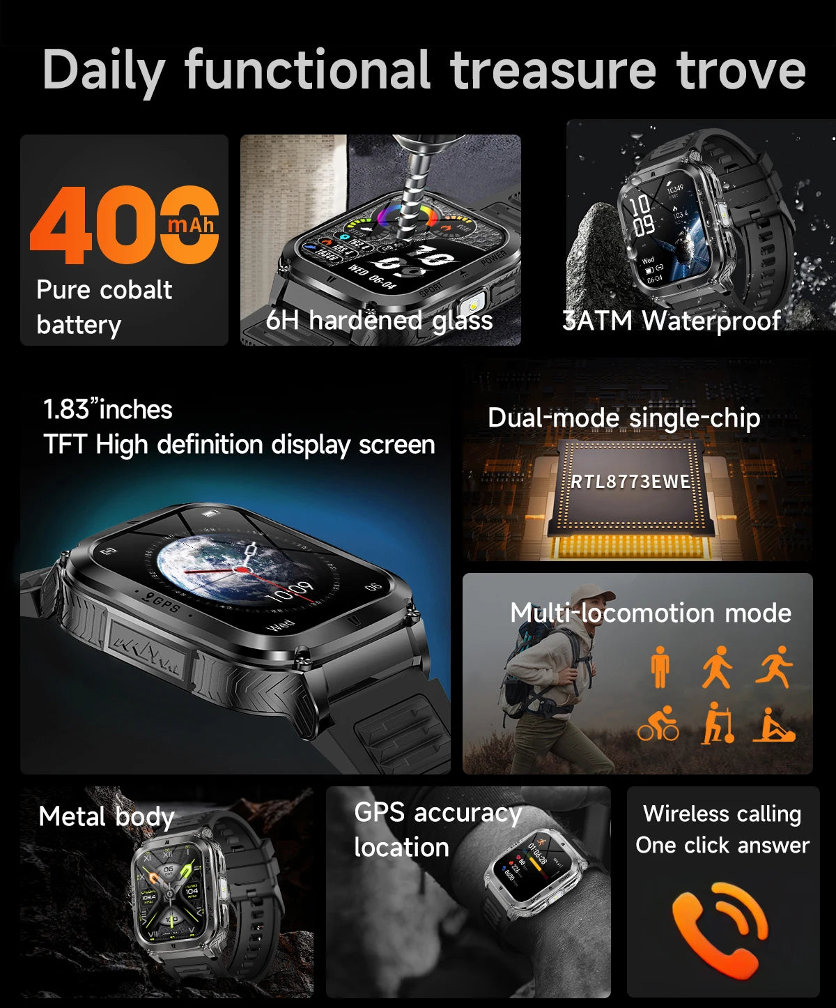 Smart Watch Men Women 1.83" AMOLED Screen 1000mAh Bluetooth Call Sports Fitness Bracelet IP68 Waterproof Smartwatch For Android