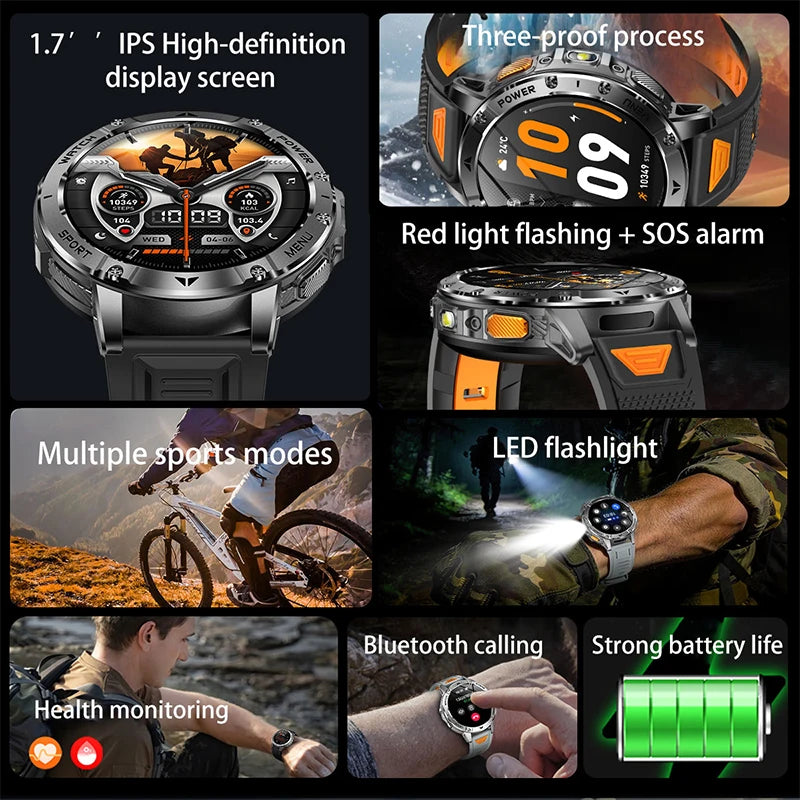 Smart Watch 1400mAh Battery 1.7'' IPS Screen 120+ Sports SOS Strobe Alarm IPX8 Waterproof LED Light BT Call Men Women Xmas Gift