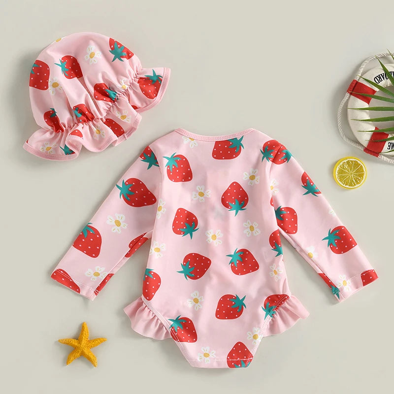 Toddler Girl Rash Guard Swimsuit Set Summer Long Sleeve Strawberry Print Bathing Suit + Sun Hat Infant Newborn 2023 New Swimwear