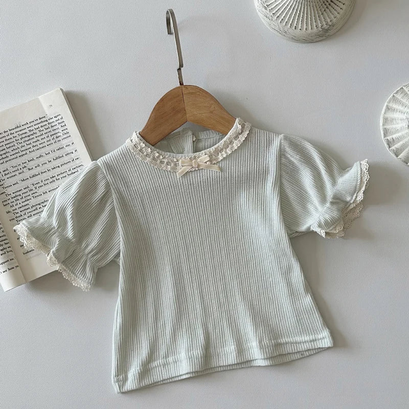 2024 New Summer 0-24M Children Clothes Newborn Baby Girl T-shirt Short Sleeved Cotton Lace Splicing Toddler Baby Girls Pullover