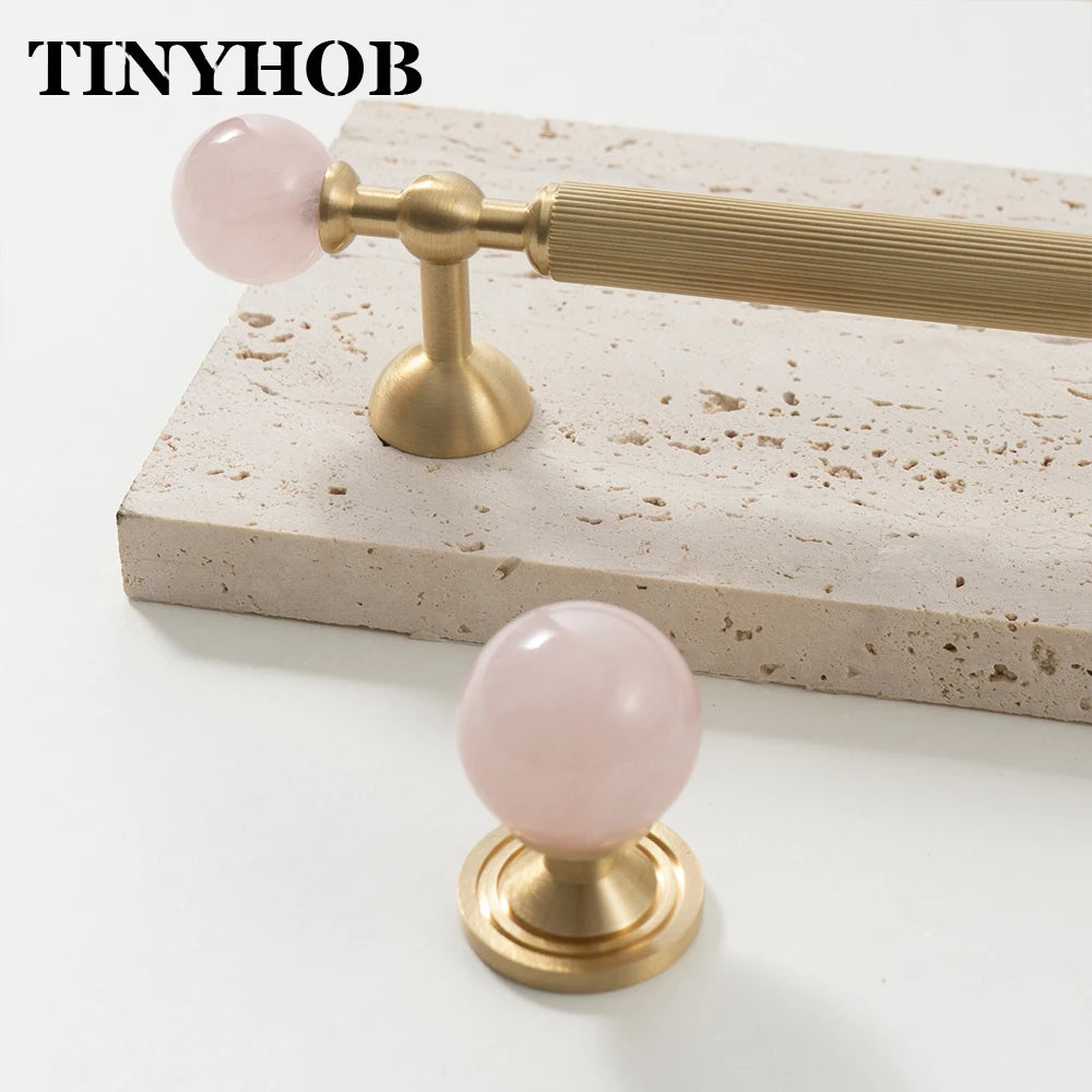 Pink Rose Quartz + Brass Cabinet Pulls,Natural Crystal Ball Knobs for Kitchen Cupboard Dresser Wardrobe, Gold Furniture Hardware