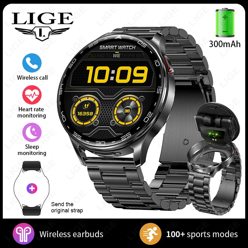LIGE 2 In 1 TWS Headset Smart Watch 1.39" Women Men Sport Fitness Heart Rate Health Tracker Watches Earphone Music Smartwatch