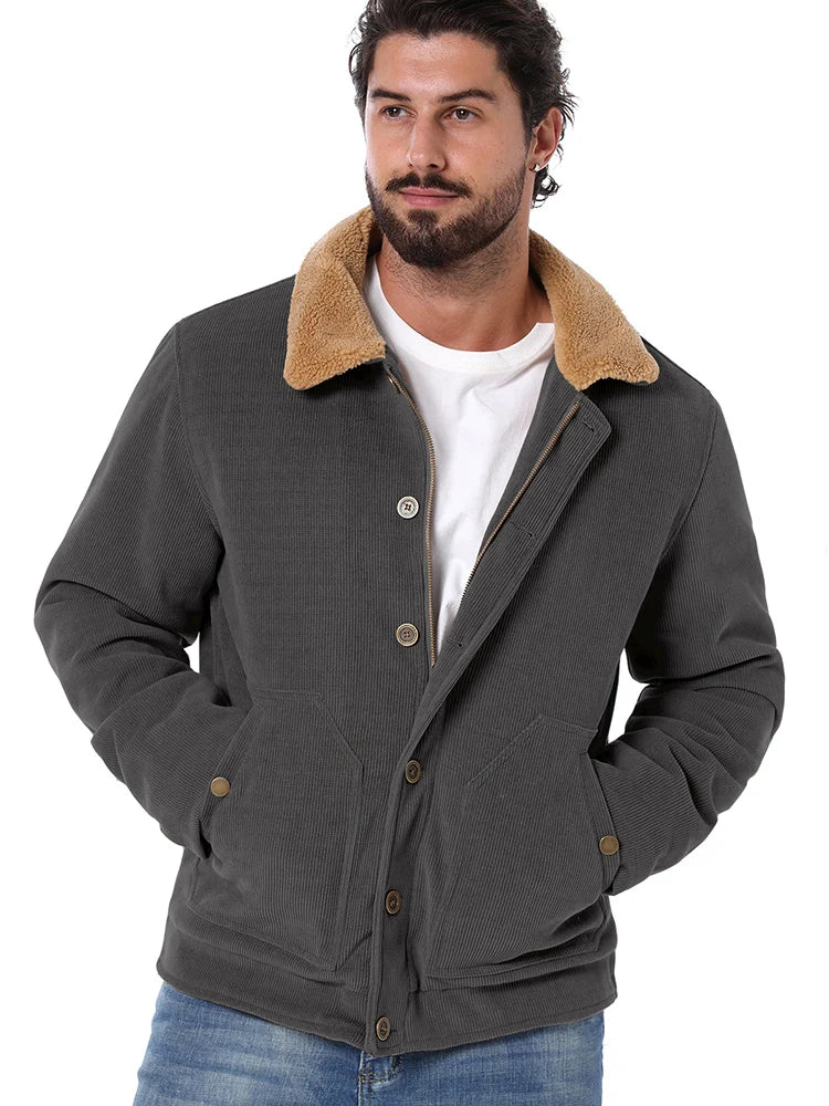 Men's Winter Corduroy Jacket Fleece Warm  Lined Cargo Work Jacket Casual Thick Sherpa Collar Trucker Deck Navy Coats