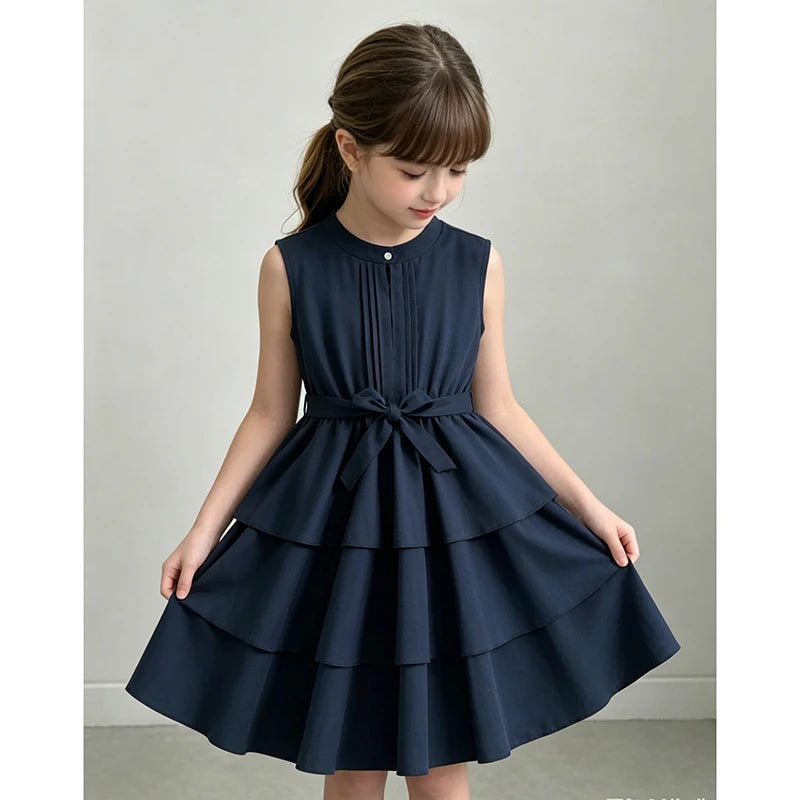 Girls 8-12 Fashion Dress, Solid Color Stand Collar Button A-Line Tiered Dress, Chic and Stylish for Daily Outings