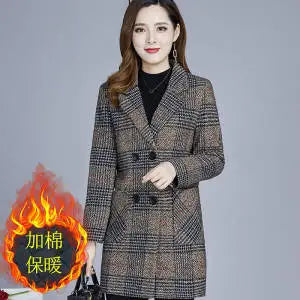 Mother's clothing Plaid Woolen Jacket 5xl Autumn Winter Female Thicken Slim Middle length Outwear Korea Women's Casual Wool Coat