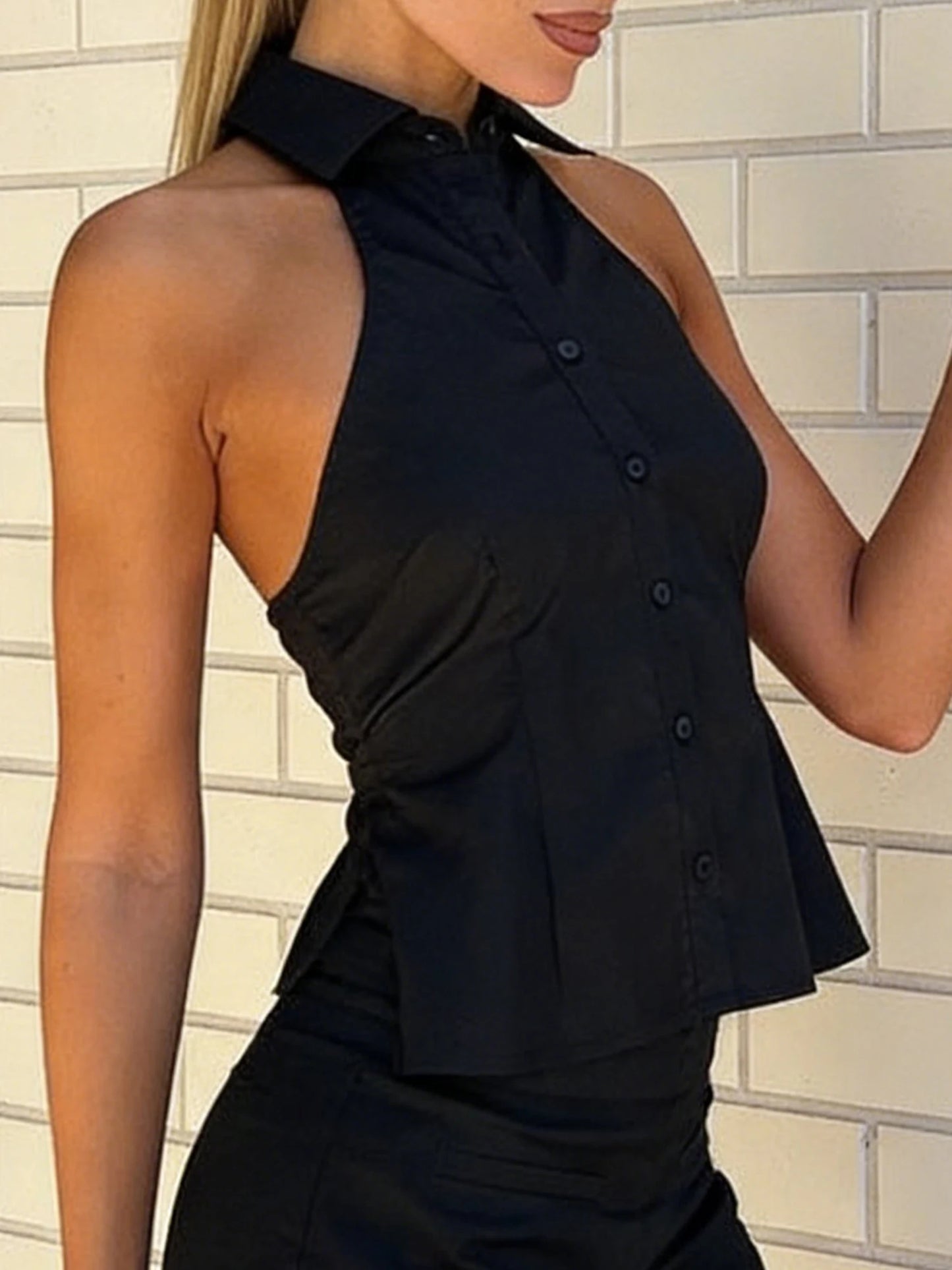 Women Button up Halter Tops Summer Trendy Lapel Tie up Backless Shirts for Streetwear Aesthetic Grunge Clothes