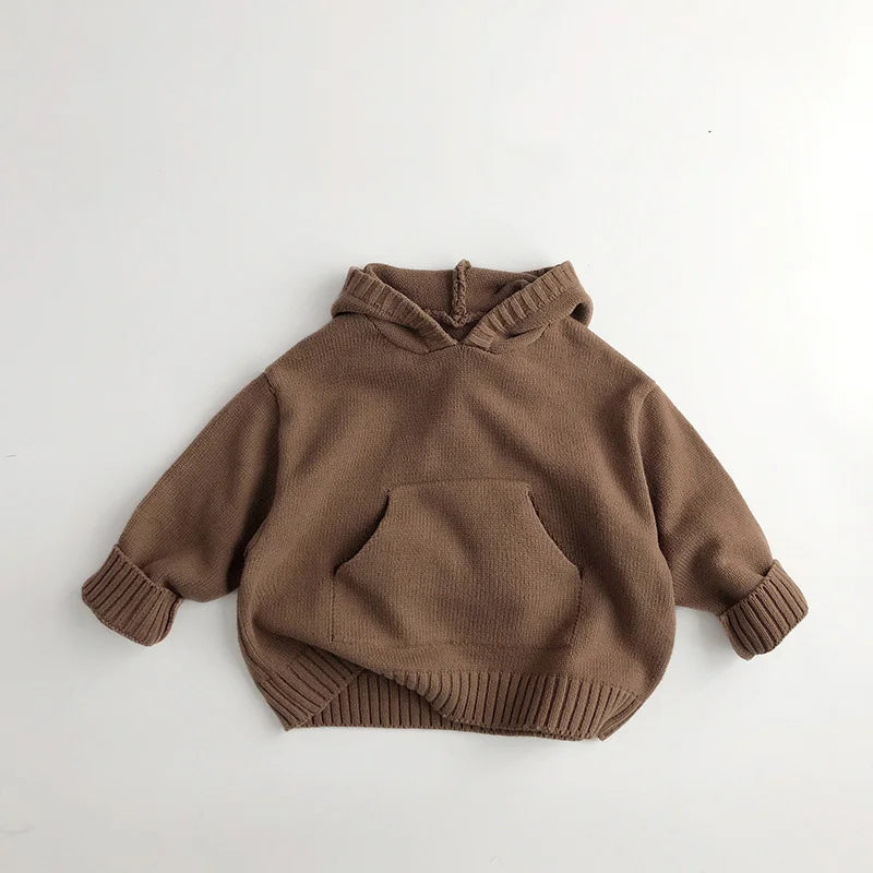 Bolsillo frontal de punto fino para niños y niñas, suéteres con capucha, Jersey de punto, estilo suelto, abrigo de punto con capucha para niña pequeña