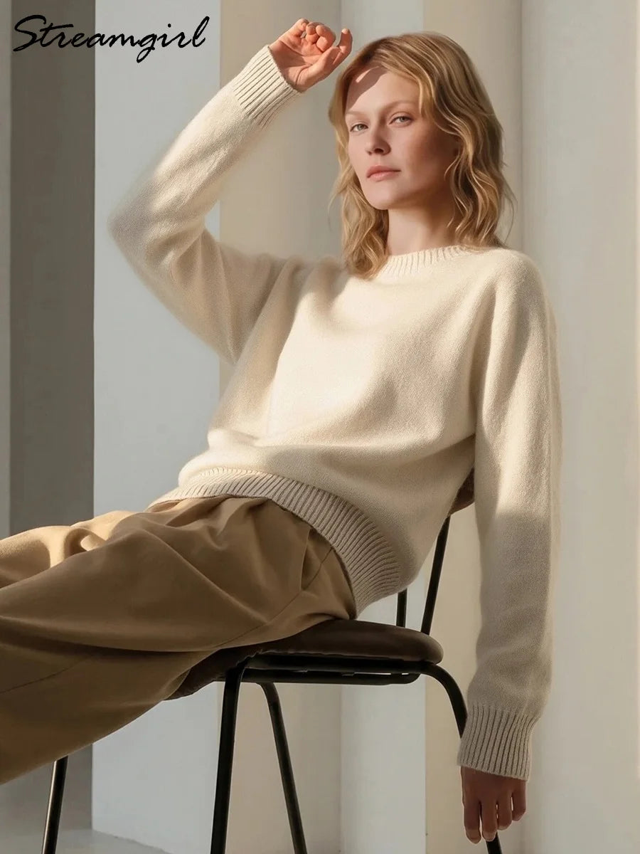 Women Cashmere Sweaters Burgundy O Neck Warm Knitted Brown Pullover Jumper Autumn Winter Wool Sweater Woman Purple Knit Top