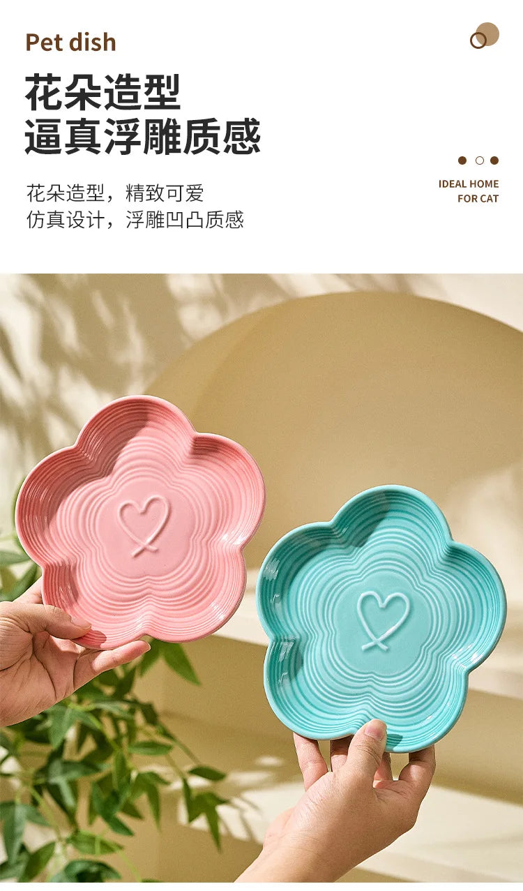 High Aesthetic Ceramic Pet Bowl with Wood Stand, Shallow Dish for Cat Snacks, Cute Bow Knot Pattern, Cat Food Dish,Home Kitchen