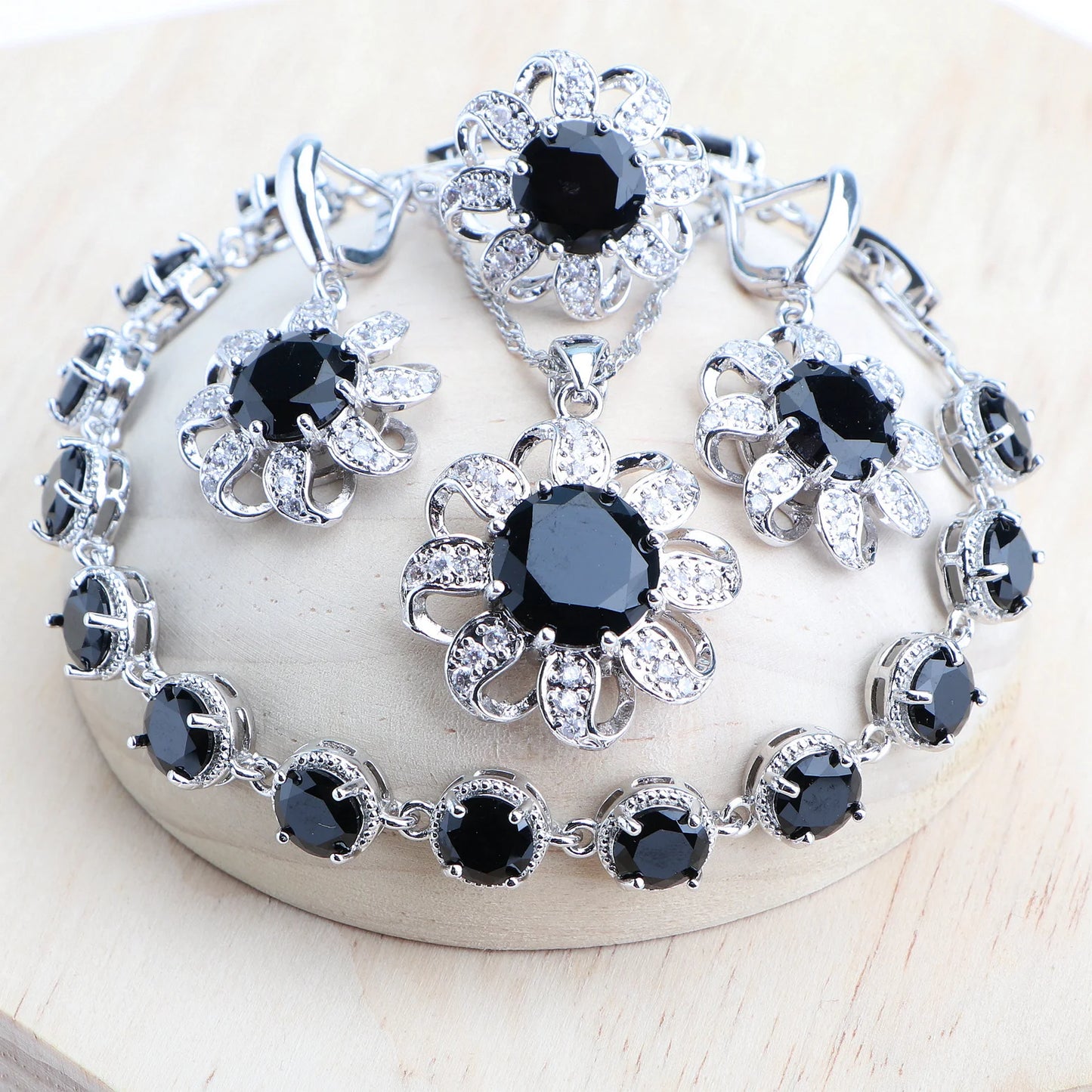 Round Red Zircon Wedding 925 Silver Jewelry Sets Bridal Jewelry Stones Earrings Rings Bracelets Pendant Necklace Set For Women