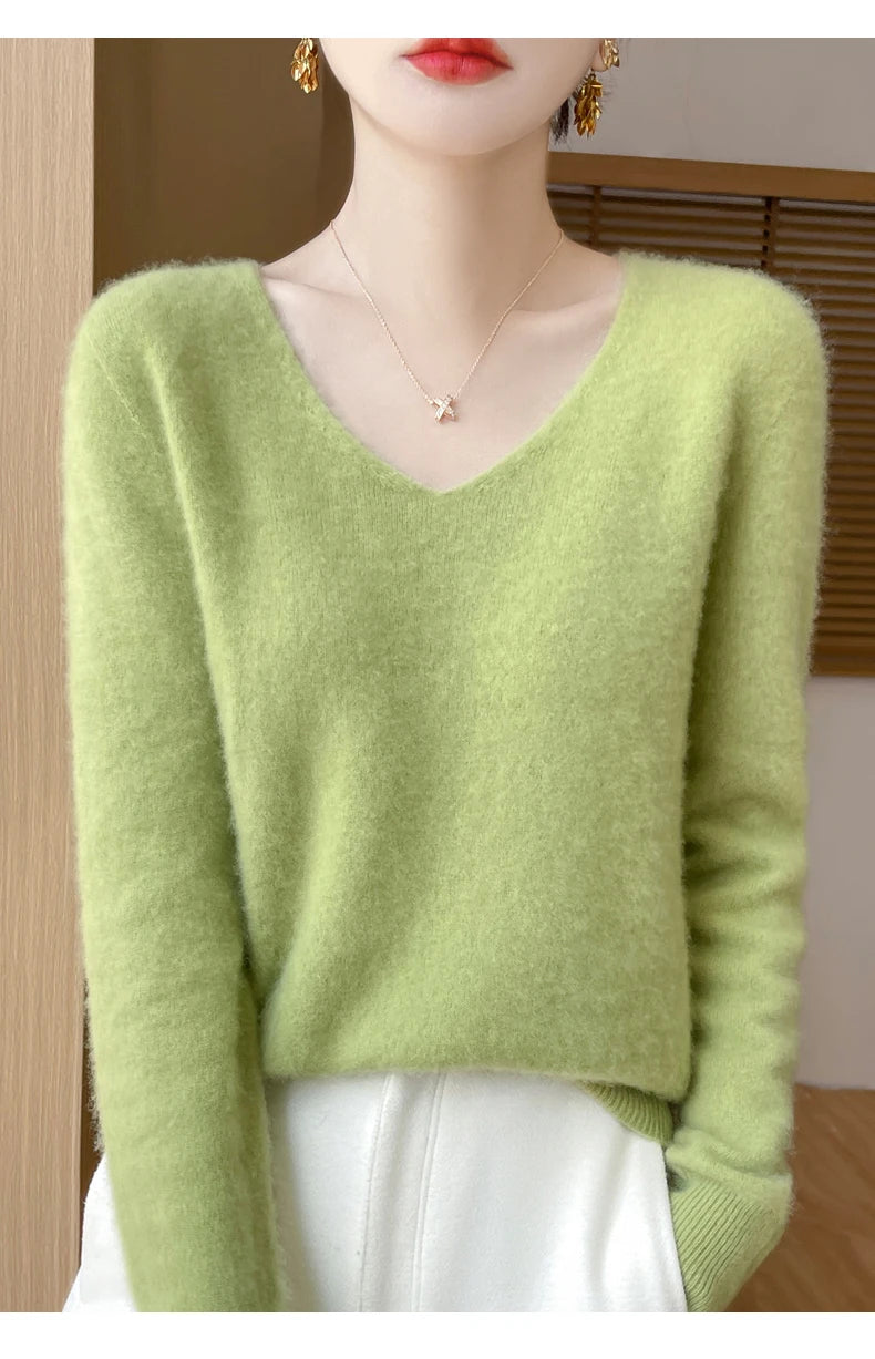 Fashion Pullover 100% Merino Wool Women Sweater V-Neck Long Sleeve Basic Jumper Spring Autumn Winter Clothing Knitwear Tops