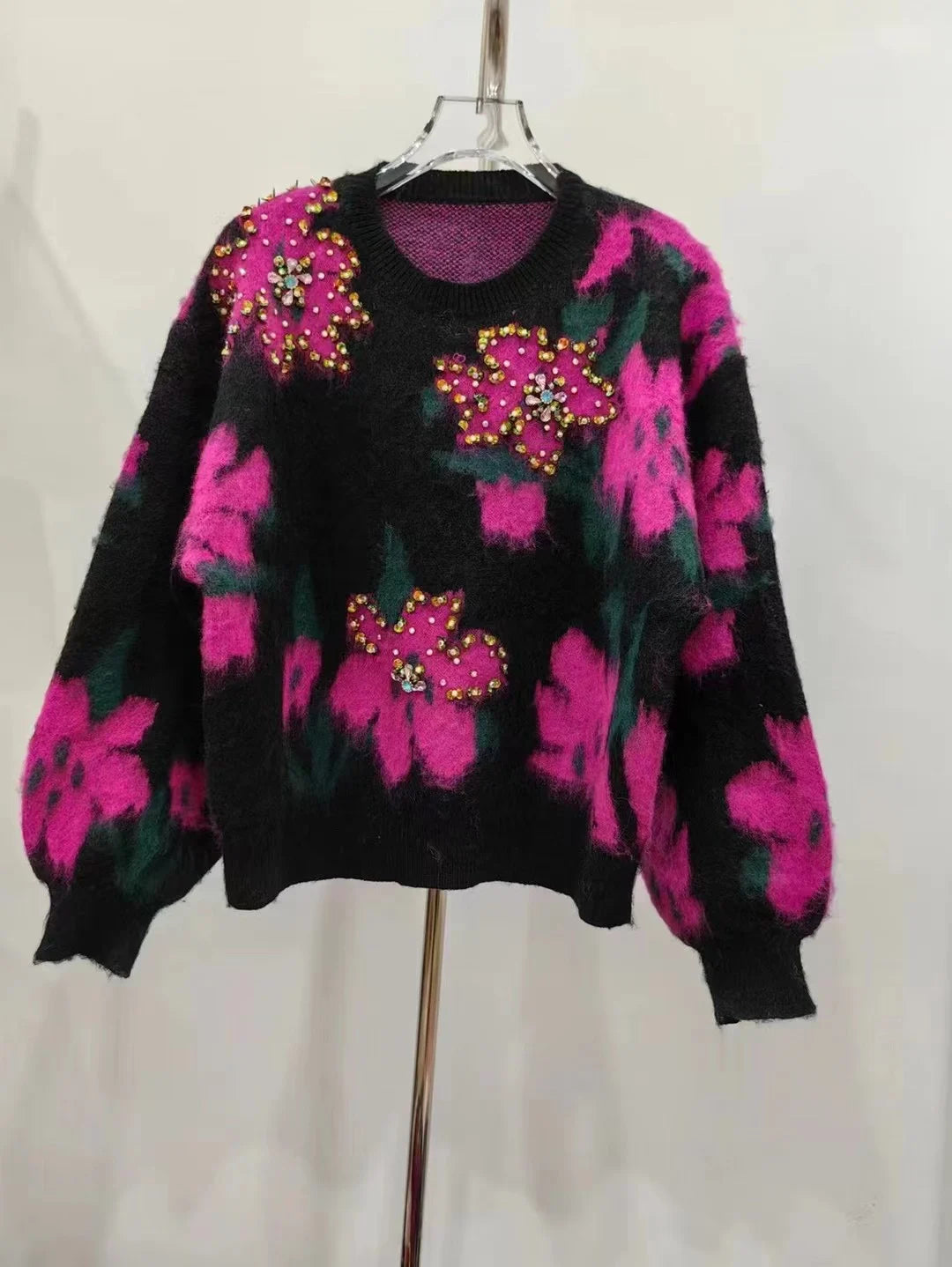 Vintage Diamond Flowers Jacquard Knit Pullover Autumn Winter Thick Women Sweater Cashmere Soft Loose Mohair Knitwear Warm X411