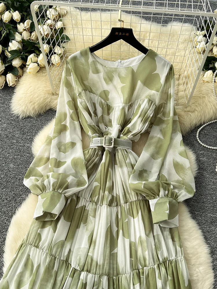 Spring Summer Women's Long Sleeved Printed Large Swing Dress New French Fashion Beach Style Cinched Round Neck Long Dress Y01