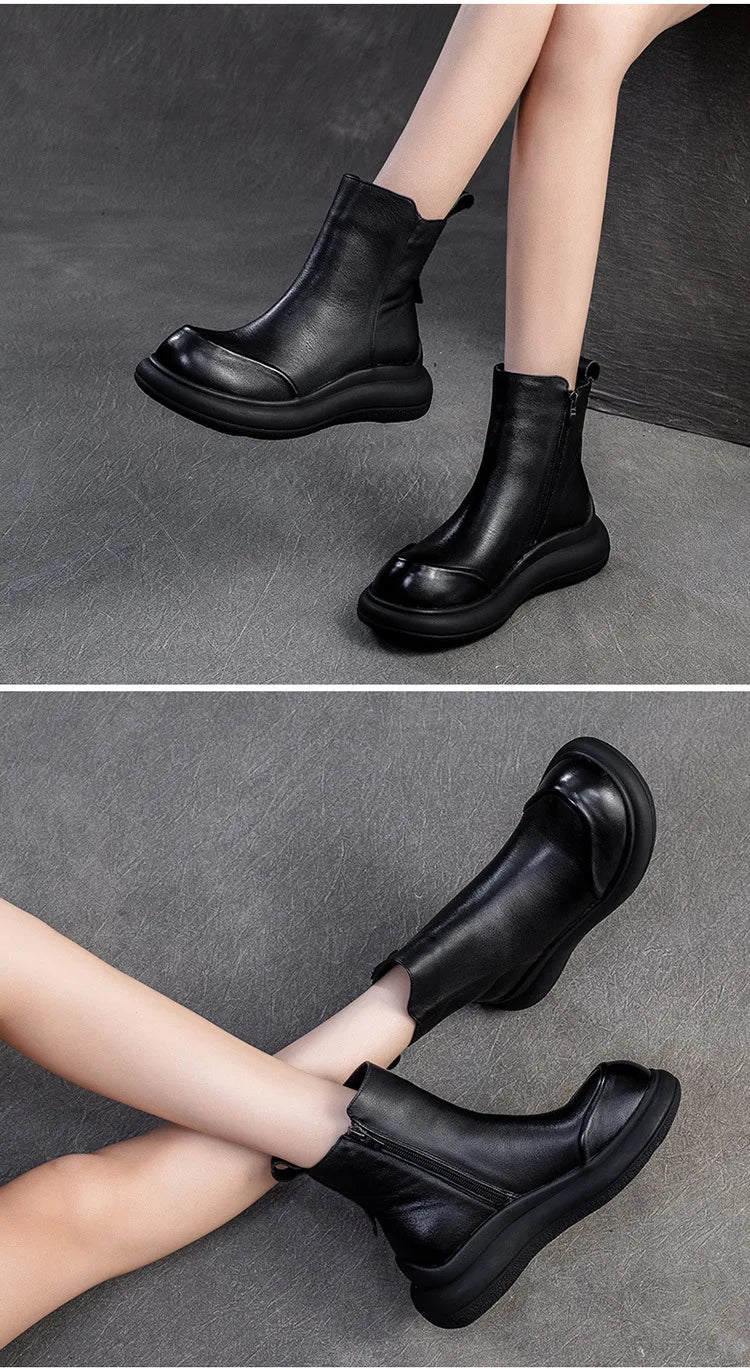 GKTINOO Genuine Leather Short Boots Women Shoes 2025 New Autumn Winter Round Toe Thick Soled Zip Handmade Platform Women Boots