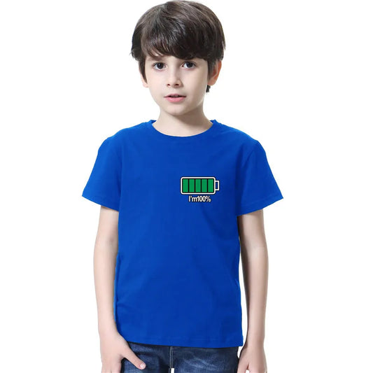 Camisetas divertidas con diseño de batería de energía 100% para niños pequeños, camisetas gráficas de manga corta para niños y niñas