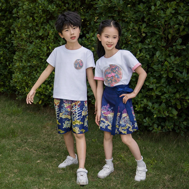 Chinese Hanfu Family Clothes Mom and Daughter Girls T Shirts+Horse-face Skirt Sets Traditional Dad Son Tee Shirts Shorts Outfits