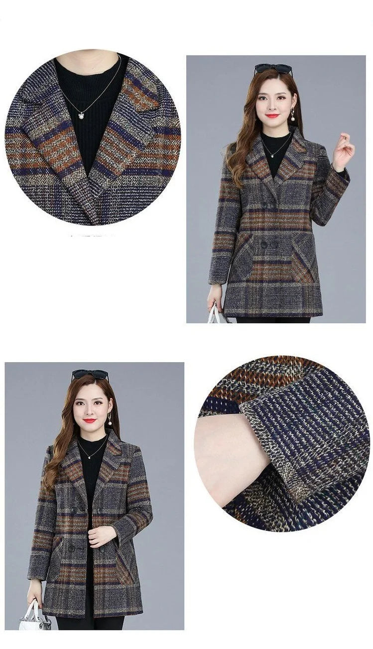 Mother's clothing Plaid Woolen Jacket 5xl Autumn Winter Female Thicken Slim Middle length Outwear Korea Women's Casual Wool Coat