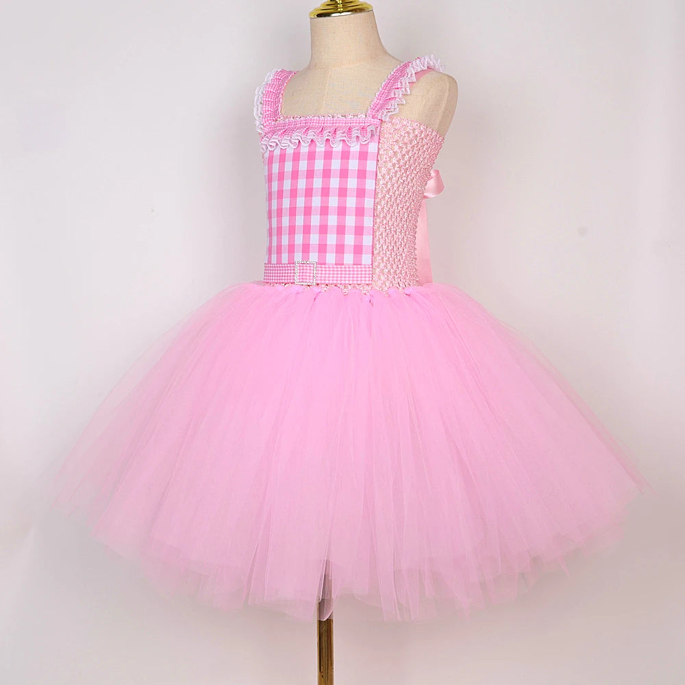 Baby Pink Plaid Barbi Ballet Tutu Dress for Girls Birthday Party Costumes for Kids Christmas New Year Princess Outfit with Bow