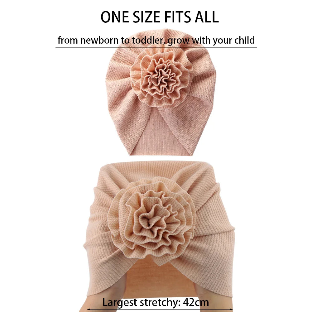 Turbante acanalado de flores grandes para bebé, gorro de algodón con nudo superior, diademas para niño y niña, gorros para recién nacidos, accesorios para niños