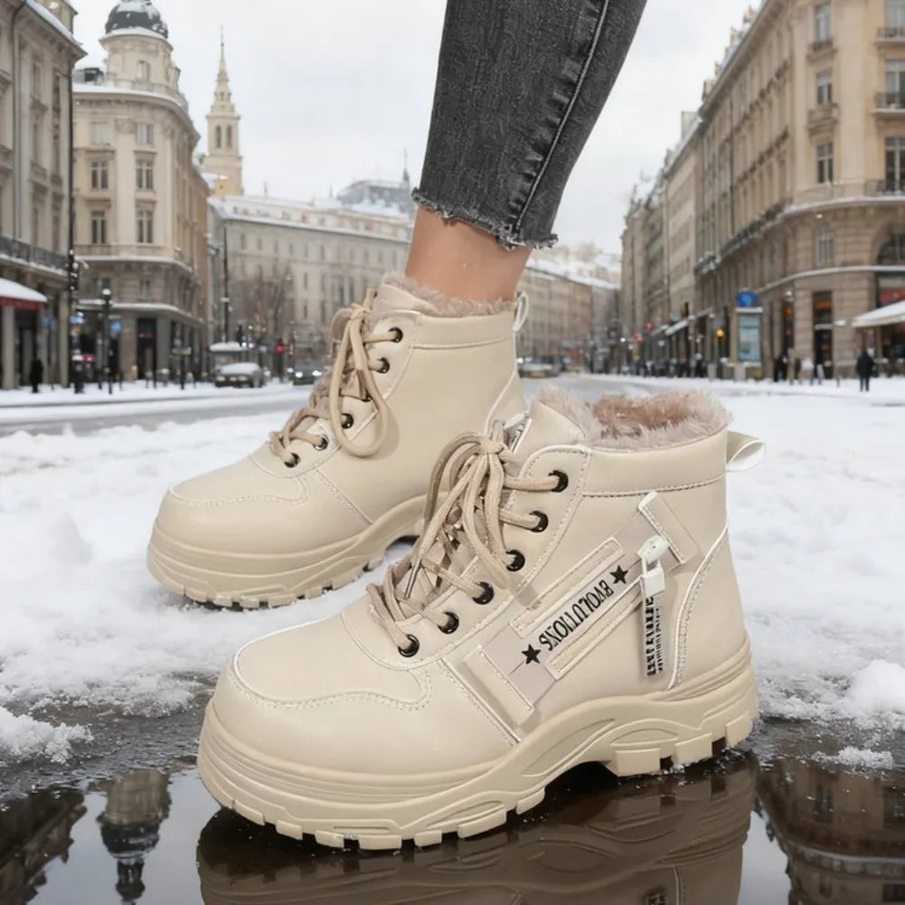 Women's Winter Snow Boots Warm Plush Lined Lace Up Chunky Platform Sneaker Booties Side Zipper Outdoor Walking Shoes for Ladies