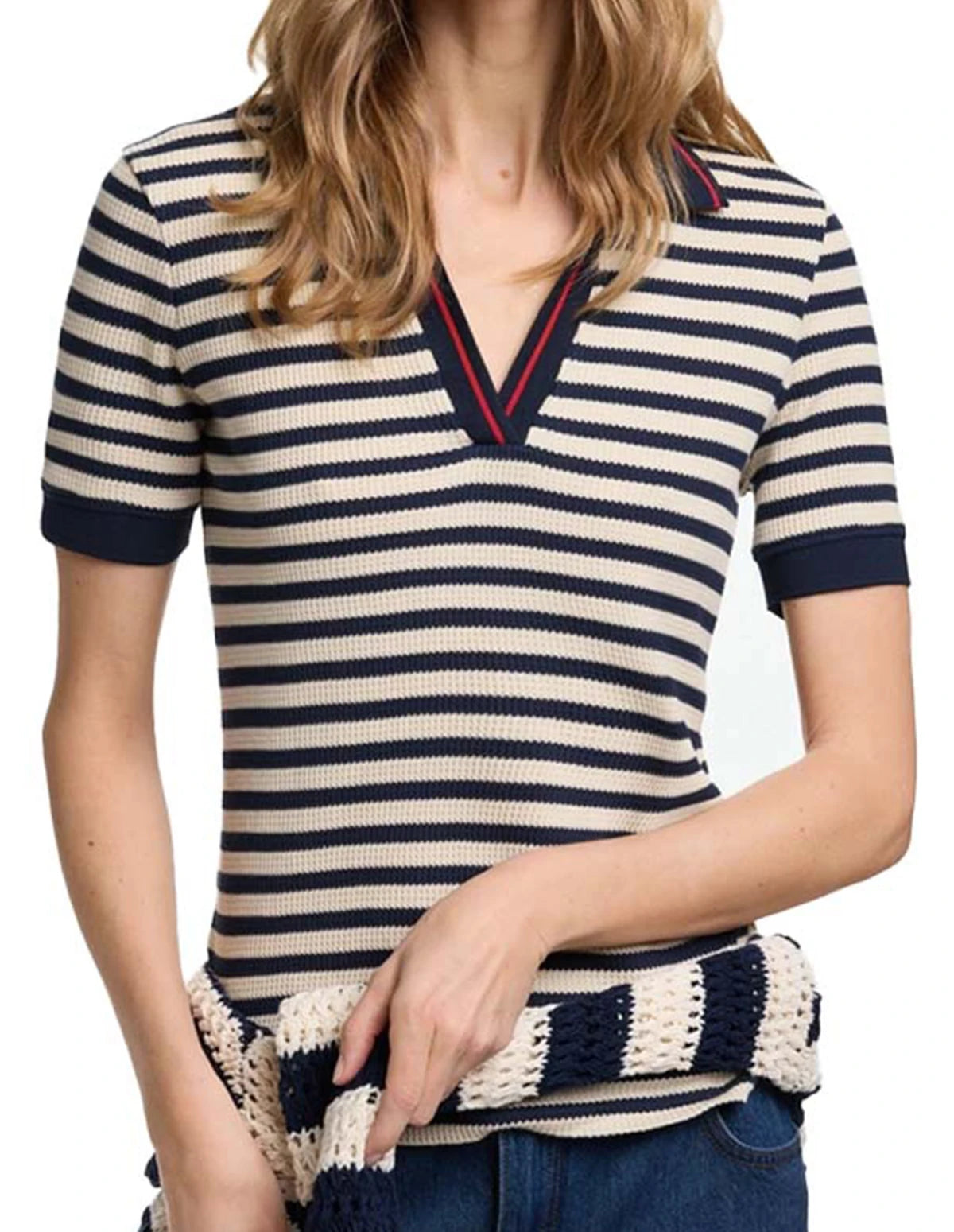 CHCH Fashion Stripe Knitted Polo Neck T Shirt For Women Soft Chic Short Sleeve Casual Pullovers 2025 Summer New Lady Street Tops