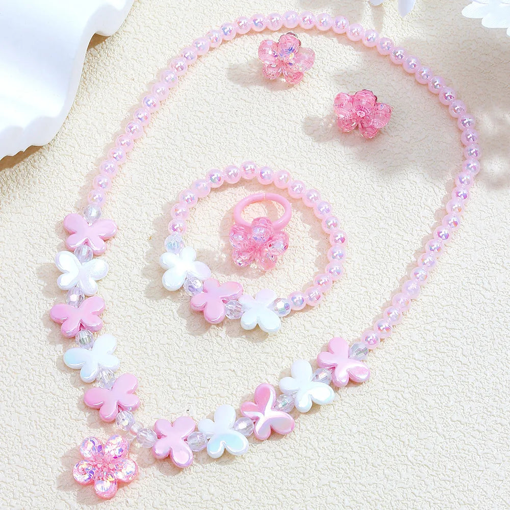 Girls' 5-Piece Jewelry: Flower Pendant, Earrings, Ring, Beaded Necklace & Bracelet, Cute Versatile Kids' Accessories