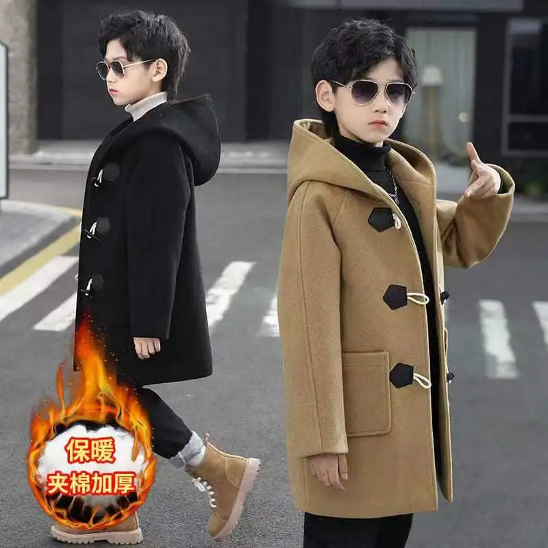 New Boy Wool Coat Winter Fashion Hooded Jacket Solid Single-Breasted Plus Cotton Warm Outerwear Children High Quality Parka