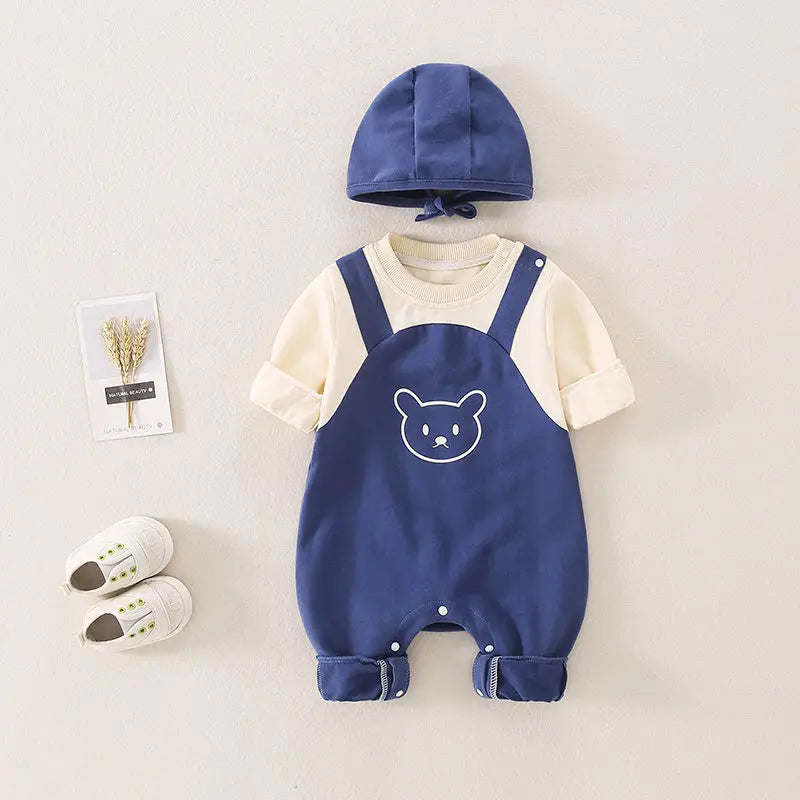 Autumn Baby Clothes Newborn Outfit Super Cute Baby Jumpsuit Contrasting Color Suspenders and Hood Outdoor with Cap