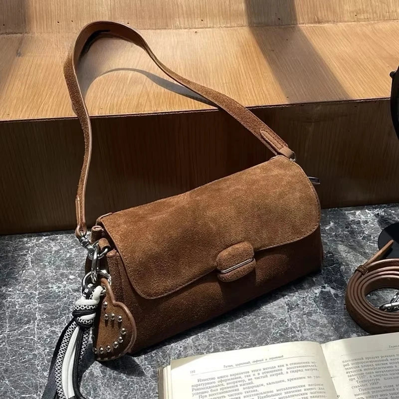 Genuine Grade Luxury Designer Women's Small Shoulder Crossbody Small Square Bags Suede Leather Female Daily Purse Underarm Bag