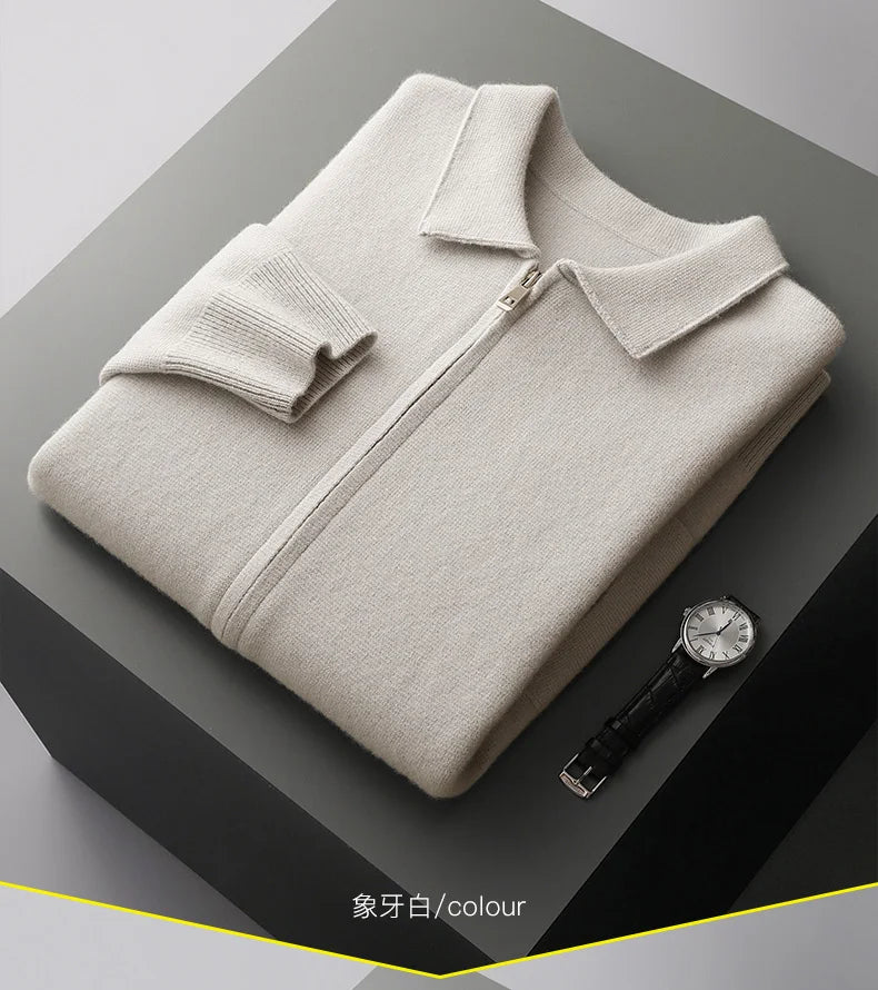 Men's Cardigan 100% Pure Cashmere Jacket Zippered Lapel Knit Sweater, Loose Thickened Long Sleeved Business Casual Autumn Winter