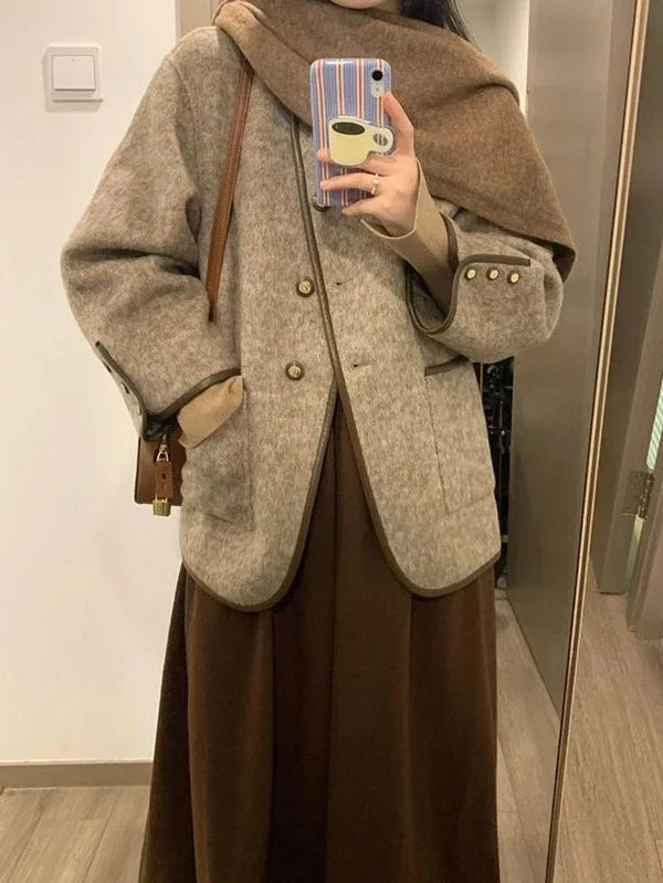 Wool Blend Coat for Women Short Plain Half Long Sleeve Elegant Mixtures Jacket Woman Fashion 2025 Winter Clothes Single Cheap