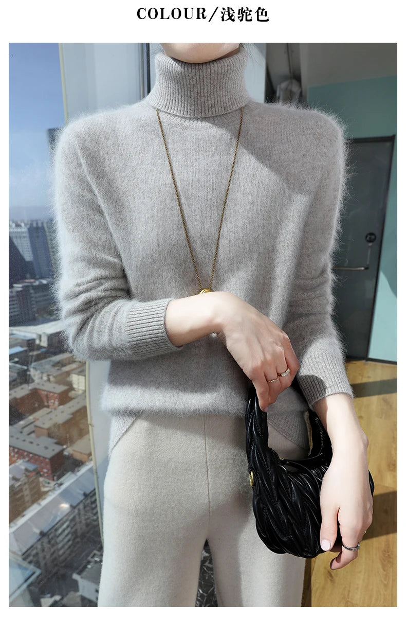 100% Mink Cashmere Top-Lapel Women Sweater Long-sleeves Fashion High-elasticity Sexy Winter Knitted Pullover Girl Tops 2024