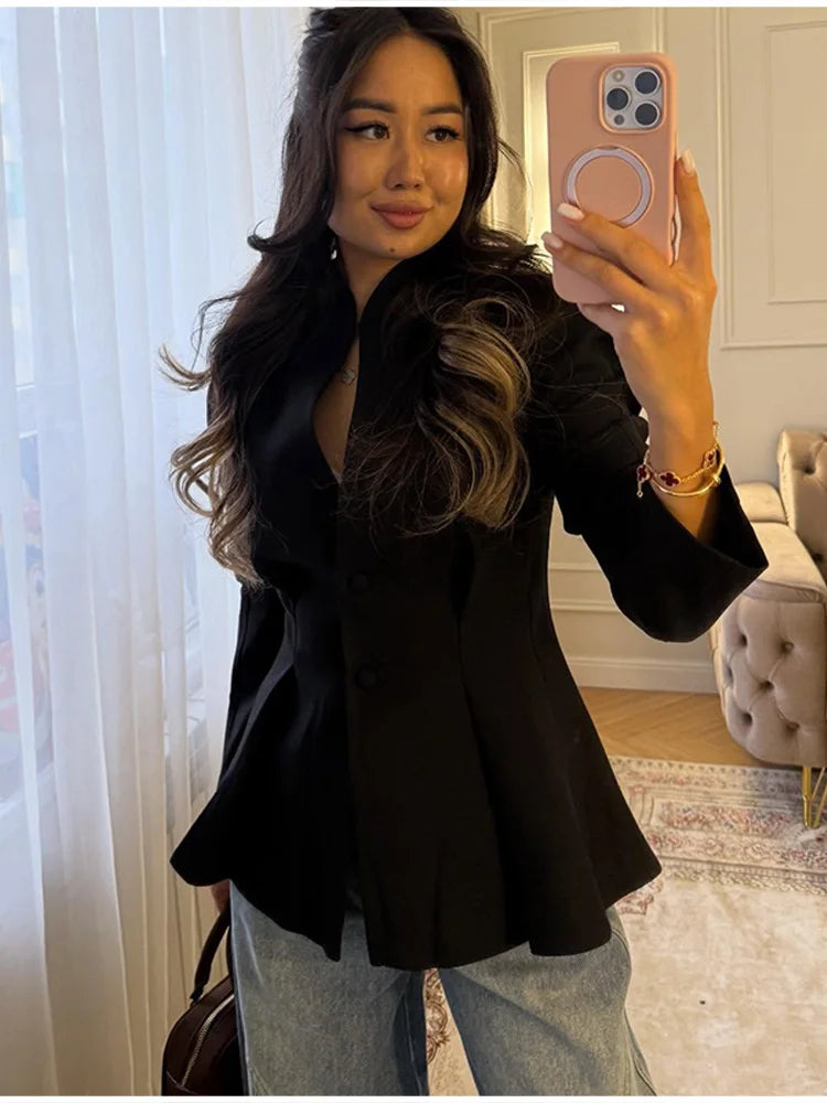 Elegant Pleated Waist Cinched Women's Jacket  Chic V Neck Single Breasted Lace Up Coat 2026 Lady Casual Slim Commute Outerwear