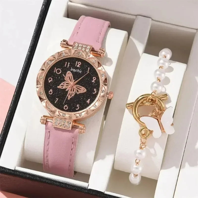 2PCS Set Creative Women Watch Quartz Butterfly Starry Wristwatches Luxury Rhinestone Watches for Ladies Relogios Feminino No Box