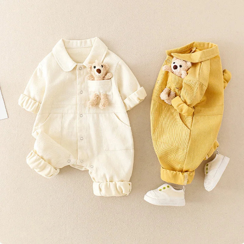 Autumn Denim Baby Jumpsuits Cute Pocket Bear Romper for Boys Girls Newborn Overalls Korean Toddler Onesie Spring Kids Clothing