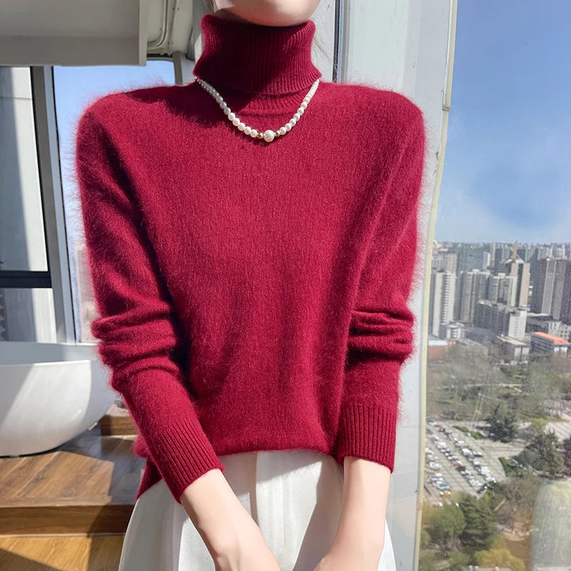 100% Mink Cashmere Top-Lapel Women Sweater Long-sleeves Fashion High-elasticity Sexy Winter Knitted Pullover Girl Tops 2024