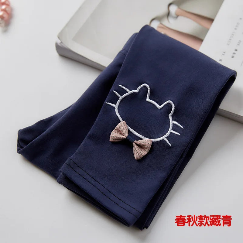 2023 Children Girls Leggings Cotton Elastic Waist Spring Autumn Thin Warm Plus Cute Print Bow Cat Kids Baby Bottom Part Pants