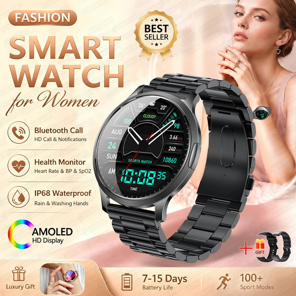 2026New Smart Watch 1.32”AMOLED Ultra-thin Display 100+Sports modes Blood Pressure Waterproof Bluetooth call Bracelet Women Gift