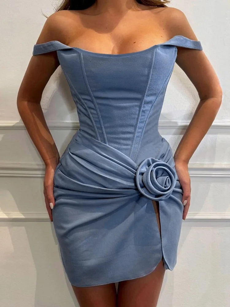 Mozision Flower Denim Mini Dress For Women Fashion Strapless Backless Ruched Dresses Femme Sleeveless Skinny Sexy Dress