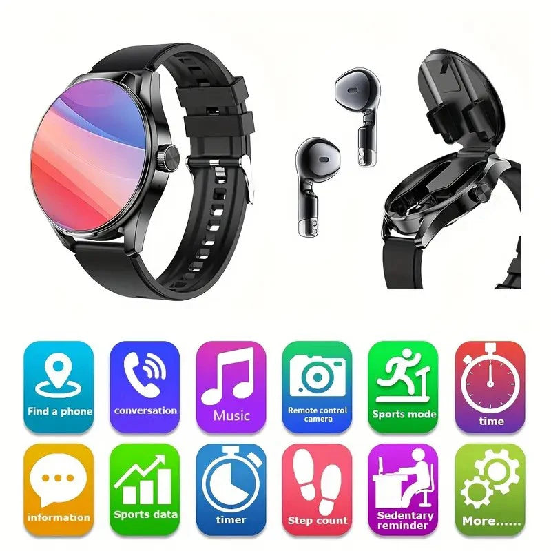New TWS men's and women's watches, 2-in-1 smart watch, supports wireless calling, stylish round alloy case, intelligent sports f