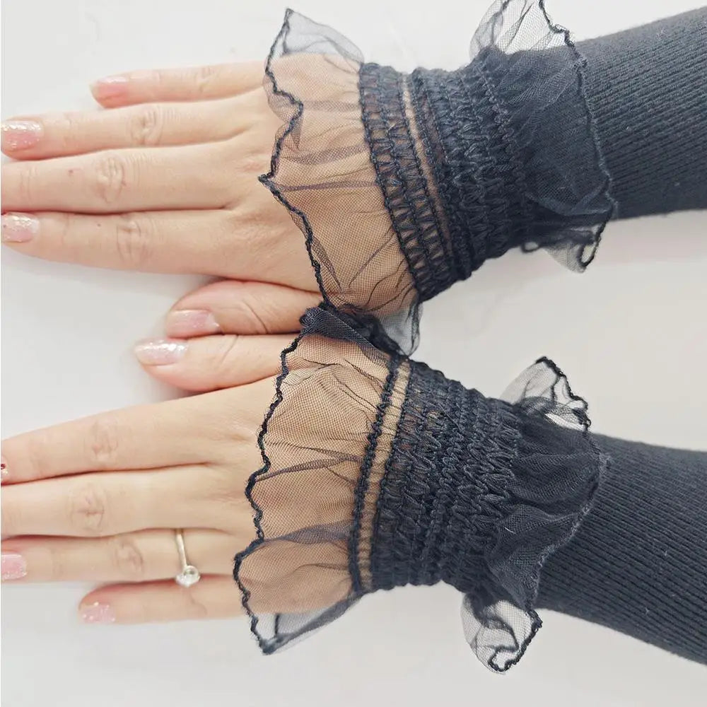 Women Sweater Fake Sleeves Hollow Out Crochet Floral Lace Horn Cuffs Embroidery Ruffles Elastic Wrist Warmers Lolita False Cuffs